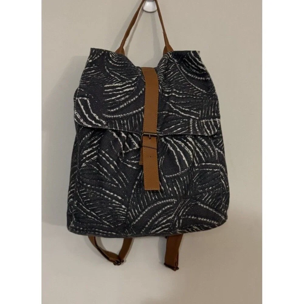Boho Canvas Backpack Purse Gray Cream Abstract Print Drawstring Minimalist